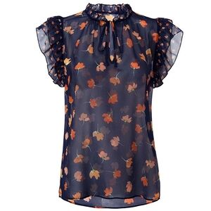 CAbi Spring Blouse - Navy Floral Tie-Neck Ruffle Cap Sleeve Blouse